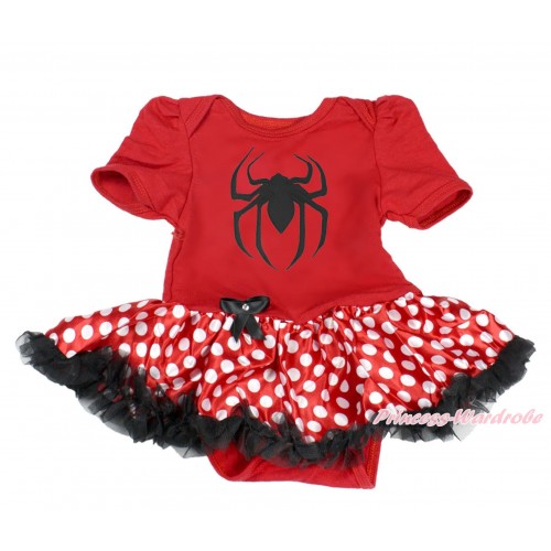 Halloween Hot Red Baby Bodysuit Minnie Dots Black Pettiskirt & Spider Print JS3956