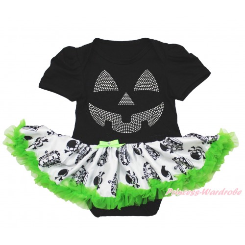 Halloween Black Baby Bodysuit Crown Skeleton Pettiskirt & Sparkle Rhinestone Pumpkin Face JS3957