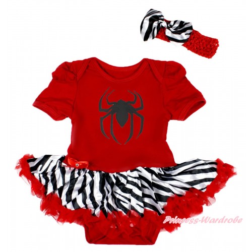 Halloween Hot Red Baby Bodysuit Zebra Red Pettiskirt & Spider Print & Red Headband Zebra Satin Bow JS3961