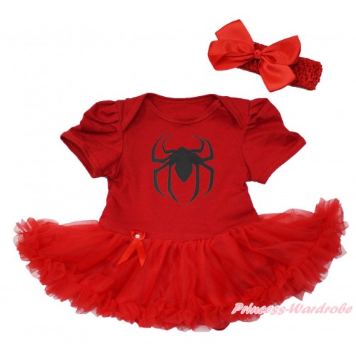 Halloween Hot Red Baby Bodysuit Pettiskirt & Spider Print & Red Headband Silk Bow JS3962