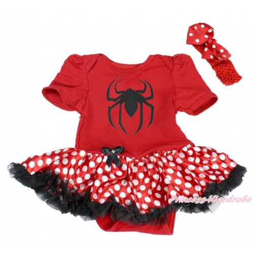 Halloween Hot Red Baby Bodysuit Minnie Dots Black Pettiskirt & Spider Print & Red Headband Minnie Dots Silk Bow JS3963