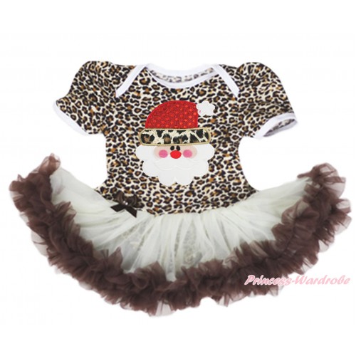 Xmas Leopard Baby Bodysuit Cream White Brown Pettiskirt & Leopard Santa Claus Print JS4064