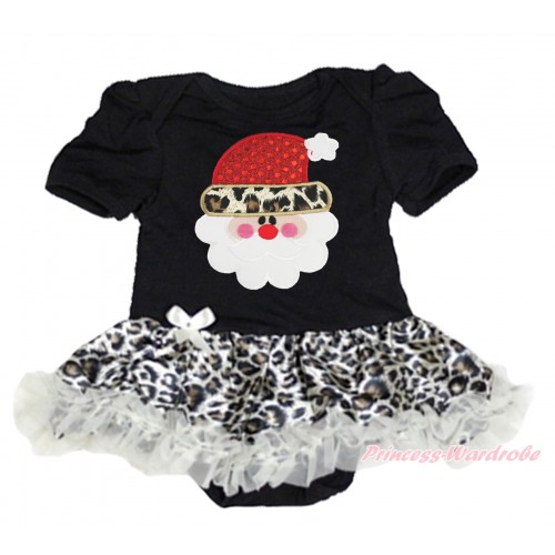 Xmas Black Baby Bodysuit Cream White Leopard Pettiskirt & Leopard Santa Claus Print JS4066