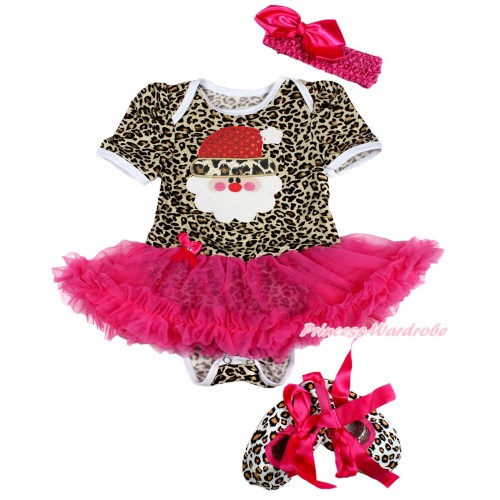 Xmas Leopard Baby Bodysuit Hot Pink Pettiskirt & Leopard Santa Claus & Hot Pink Headband Silk Bow & Hot Pink Ribbon Leopard Shoes JS4071