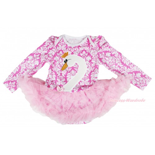 Easter Light Pink White Damask Long Sleeve Baby Bodysuit Light Pink Pettiskirt & Swan Print JS4191