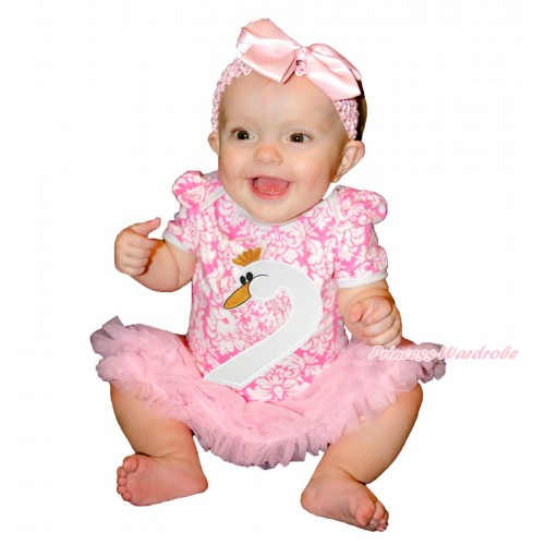 Easter Light Pink White Damask Baby Bodysuit Light Pink Pettiskirt & Swan Print & Light Pink Headband Silk Bow JS4198