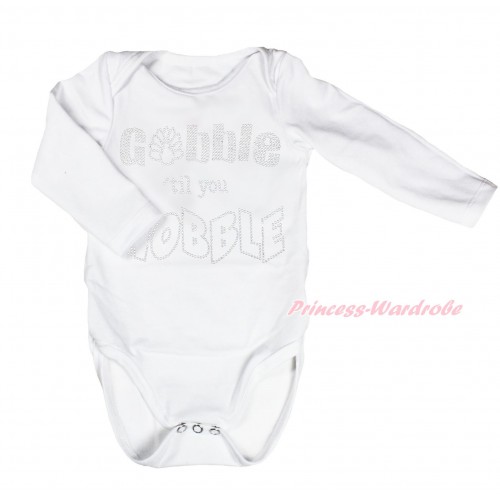 Thanksgiving White Long Sleeve Baby Jumpsuit & Sparkle Rhinestone Gobble Till You Wobble Print LS233
