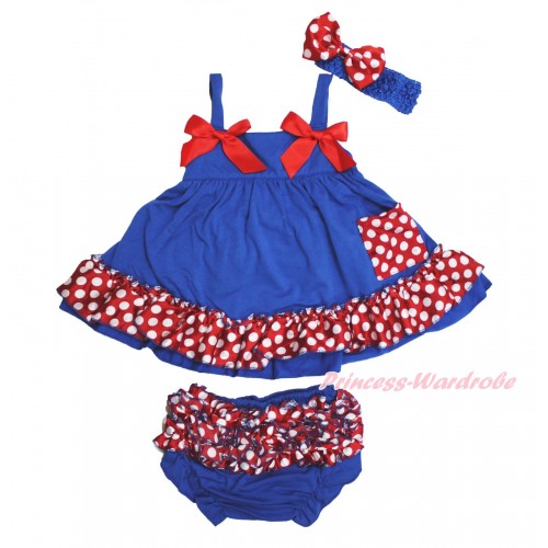 Royal Blue Minnie Dots Swing Top & Hot Red Bow & Panties Bloomers & Royal Blue Headband Minnie Dots Satin Bow SP24