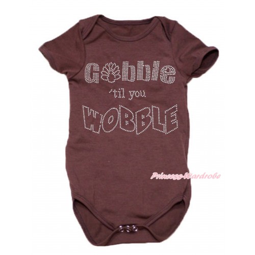Thanksgiving Brown Baby Jumpsuit & Rhinestone Gobble Till You Wobble Print TH538