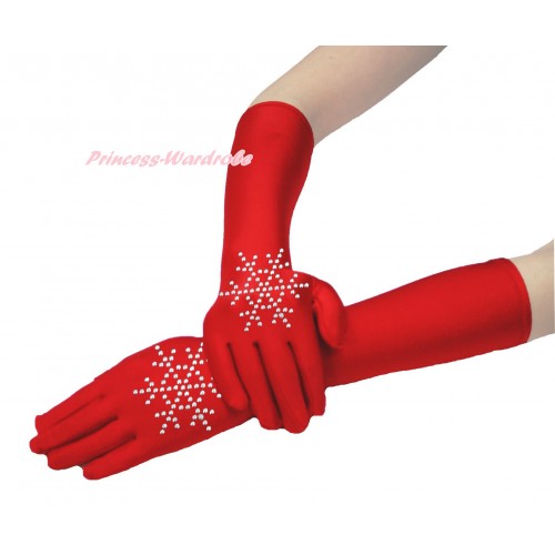 Xmas Sparkle Crystal Bling Rhinestone Snowflakes Hot Red Elbow Length Gloves C326