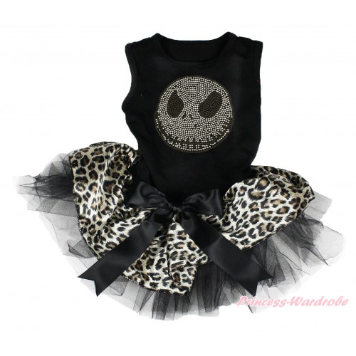 Halloween Black Sleeveless Leopard Black Gauze Skirt & Sparkle Rhinestone Nightmare Before Christmas Jack & Black Bow Pet Dress DC186