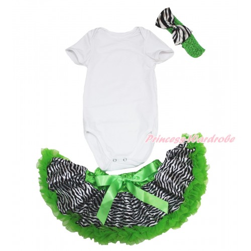 White Baby Jumpsuit & Dark Green Zebra Newborn Pettiskirt & Dark Green Headband Zebra Satin Bow JN32