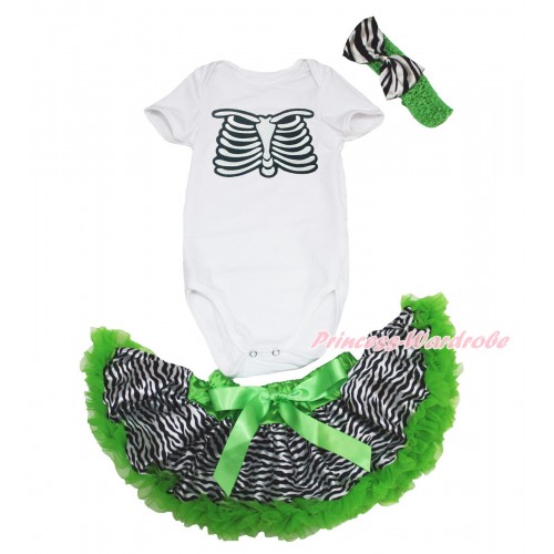 Halloween White Baby Jumpsuit & Skeleton Rib & Dark Green Zebra Newborn Pettiskirt & Dark Green Headband Zebra Satin Bow JN33