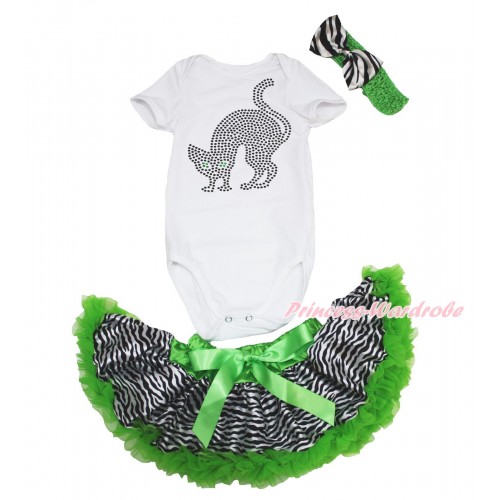 Halloween White Baby Jumpsuit & Sparkle Rhinestone Black Cat & Dark Green Zebra Newborn Pettiskirt & Dark Green Headband Zebra Satin Bow JN34