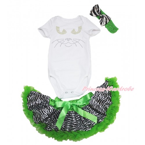 Halloween White Baby Jumpsuit & Sparkle Rhinestone Black Cat Face & Dark Green Zebra Newborn Pettiskirt & Dark Green Headband Zebra Satin Bw JN35