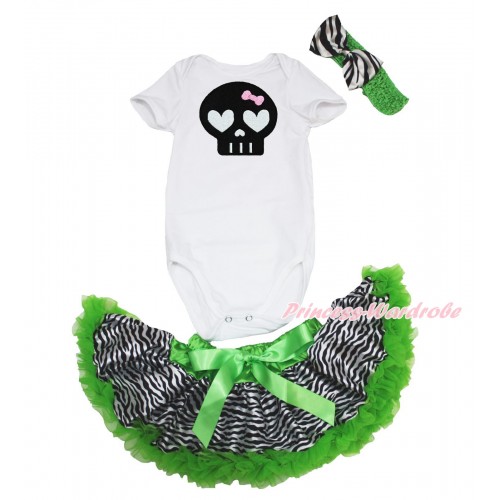 Halloween White Baby Jumpsuit & Black Skeleton & Dark Green Zebra Newborn Pettiskirt & Dark Green Headband Zebra Satin Bow JN36