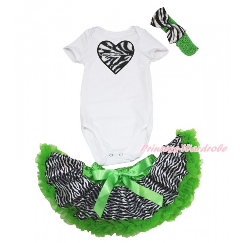 Valentine's Day White Baby Jumpsuit & Zebra Heart & Dark Green Zebra Newborn Pettiskirt & Dark Green Headband Zebra Satin Bow JN37