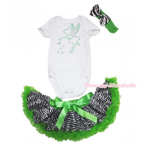 White Baby Jumpsuit & Sparkle Rhinestone Tinker Bell & Dark Green Zebra Newborn Pettiskirt & Dark Green Headband Zebra Satin Bow JN39