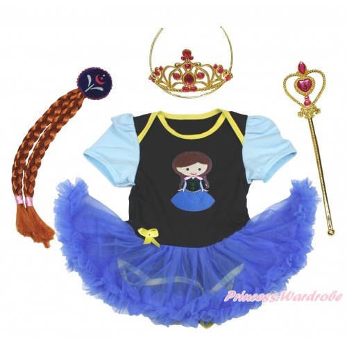 Frozen Light Blue Sleeve Black Bodysuit Royal Blue Pettiskirt & Princess Anna Print & Anna Costume JS3822
