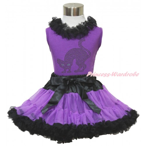 Halloween Dark Purple Tank Top Black Chiffon Lacing & Sparkle Rhinestone Black Cat & Black Dark Purple Pettiskirt MN134