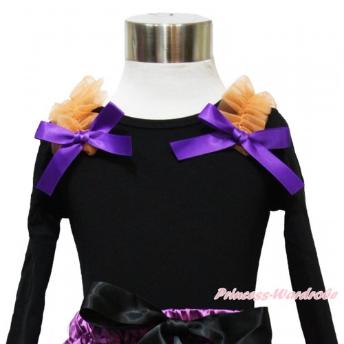 Black Long Sleeves Top & Orange Ruffles Dark Purple Bow TO373