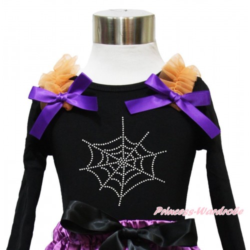 Halloween Black Long Sleeves Top Orange Ruffles Dark Purple Bow & Sparkle Rhinestone Spider Web TO375