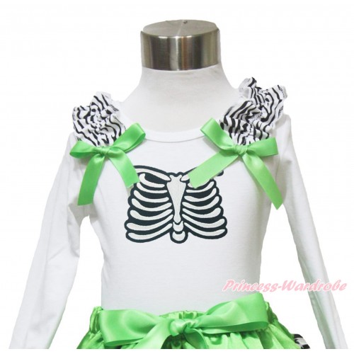 Halloween White Long Sleeves Top Zebra Ruffles Dark Green Bow & Skeleton Rib TW486