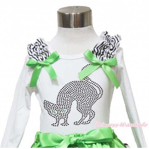 Halloween White Long Sleeves Top Zebra Ruffles Dark Green Bow & Sparkle Rhinestone Black Cat TW487