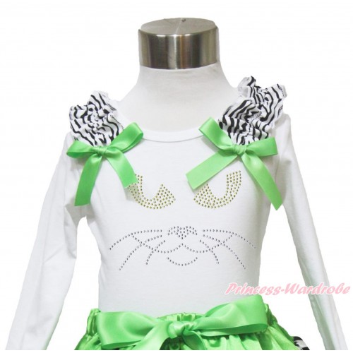 Halloween White Long Sleeves Top Zebra Ruffles Dark Green Bow & Sparkle Rhinestone Black Cat Face TW488