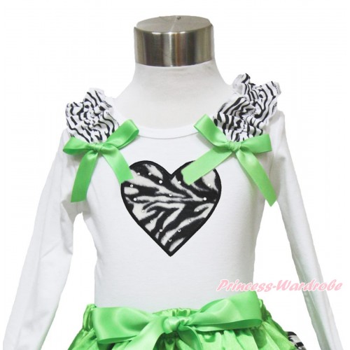 Valentine's Day White Long Sleeves Top Zebra Ruffles Dark Green Bow & Zebra Heart TW490