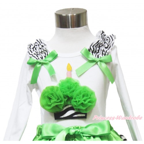 White Long Sleeves Top Zebra Ruffles Dark Green Bow & Dark Green Zebra Birthday Cake TW493