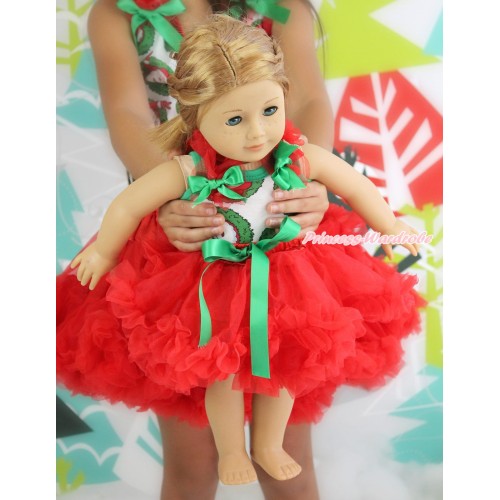 Xmas Santa Claus Tank Top Red Ruffles & Kelly Green Bow & Red Pettiskirt American Girl Doll Outfit DO047