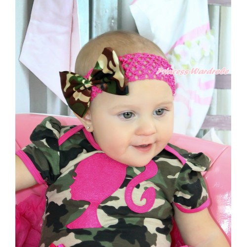 Hot Pink Headband & Camouflage Satin Bow Hair Clip H912