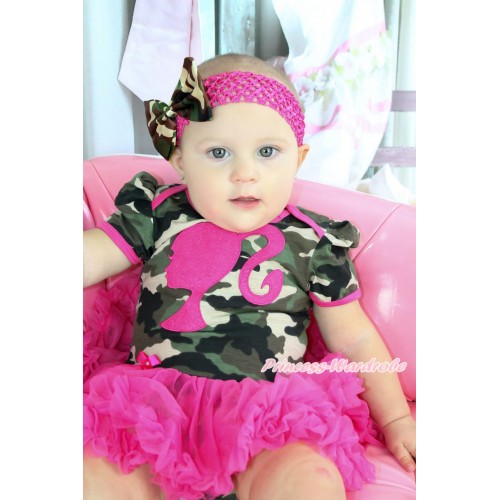 Camouflage Bodysuit Jumpsuit Hot Pink Pettiskirt & Hot Pink Barbie Princess Print & Hot Pink Headband Camouflage Satin Bow JS3794