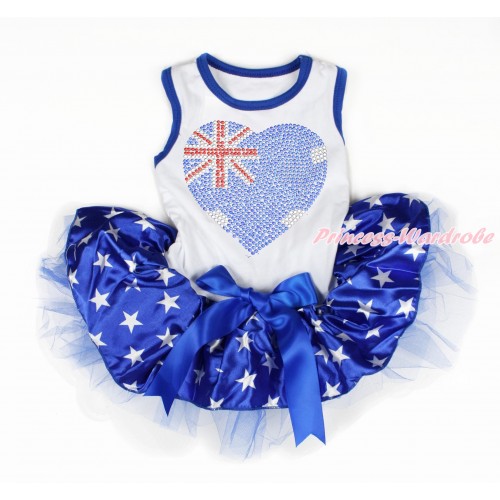 World Cup White Sleeveless Patriotic American Star Gauze Skirt With Sparkle Crystal Bling Rhinestone Australia Heart Print With Royal Blue Bow Pet Dress DC174