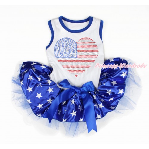 World Cup White Sleeveless Patriotic American Star Gauze Skirt With Sparkle Crystal Bling Rhinestone USA Heart Print With Royal Blue Bow Pet Dress DC175
