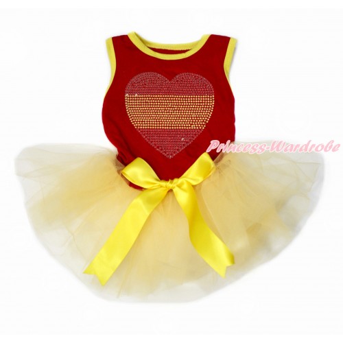 World Cup Spain Red Sleeveless Yellow Gauze Skirt With Sparkle Crystal Bling Rhinestone Spain Heart Print With Yellow Bow Pet Dress DC176