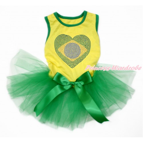 World Cup Brazil Yellow Sleeveless Kelly Green Gauze Skirt With Sparkle Crystal Bling Rhinestone Brazil Heart Print With Kelly Green Bow Pet Dress DC177
