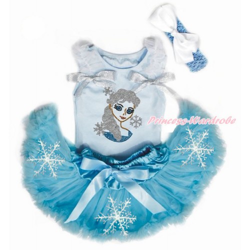 Light Blue Baby Pettitop with White Ruffles & Sparkle Silver Grey Bows with Sparkle Crystal Bling Rhinestone Princess Elsa Print & Snowflakes Light Blue Newborn Pettiskirt With Light Blue Headband White Silk Bow NG1478