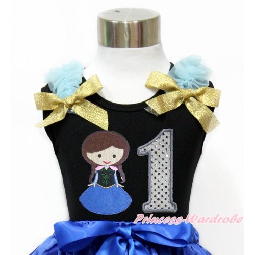 Black Tank Top With Light Blue Ruffles & Sparkle Goldenrod Bow With Princess Anna & 1st Sparkle White Birthday Number Print TB794 