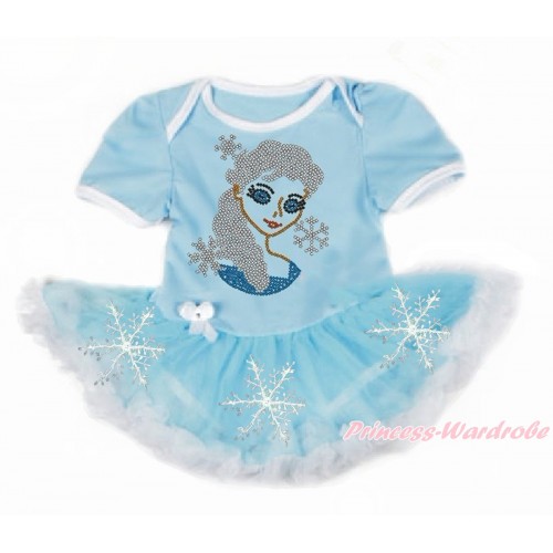 Light Blue Baby Bodysuit Jumpsuit Light Blue White Snowflakes Pettiskirt with Sparkle Crystal Bling Rhinestone Princess Elsa Print JS3343