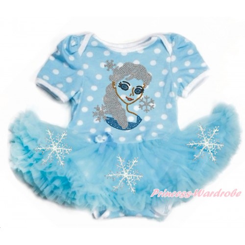 Light Blue White Dots Baby Bodysuit Jumpsuit Light Blue Snowflakes Pettiskirt with Sparkle Crystal Bling Rhinestone Princess Elsa Print JS3344