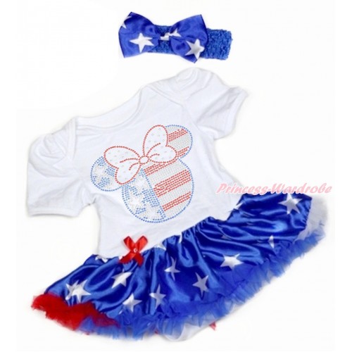 4th July White Baby Bodysuit Jumpsuit Patriotic American Star Pettiskirt With Sparkle Crystal Bling Rhinestone 4th July Minnie Print With Rayal Blue Headband Patriotic American Star Satin Bow JS3345