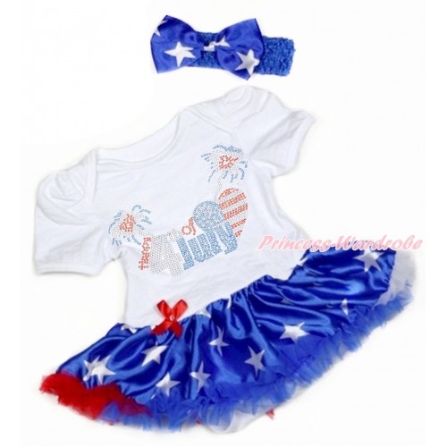 4th July White Baby Bodysuit Jumpsuit Patriotic American Star Pettiskirt With Sparkle Crystal Bling Rhinestone 4th July Patriotic American Heart Print With Rayal Blue Headband Patriotic American Star Satin Bow JS3346