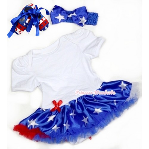 White Baby Jumpsuit Patriotic American Star Pettiskirt With Royal Blue Headband Patriotic American Star Satin Bow With Royal Blue Ribbon Red White Blue Striped Star Shoes JS3349