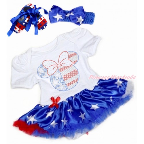 White Baby Bodysuit Jumpsuit Patriotic American Star Pettiskirt With Sparkle Crystal Bling Rhinestone 4th July Minnie Print With Royal Blue Headband Patriotic American Star Satin Bow With Royal Blue Ribbon Red White Blue Striped Stars Shoes JS3350