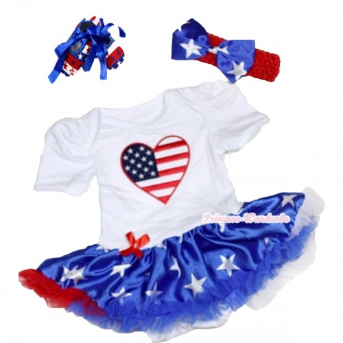 White Baby Bodysuit Jumpsuit Patriotic American Star Pettiskirt With Patriotic American Heart Print With Red Headband Patriotic American Star Satin Bow With Royal Blue Ribbon Red White Blue Striped Stars Shoes JS3352