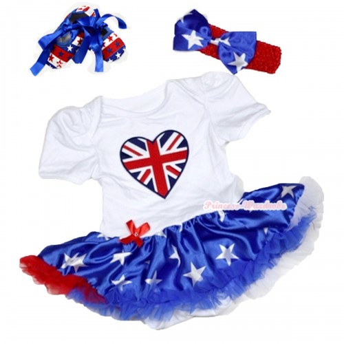 White Baby Bodysuit Jumpsuit Patriotic American Star Pettiskirt With Patriotic British Heart Print With Red Headband Patriotic American Star Satin Bow With Royal Blue Ribbon Red White Blue Striped Stars Shoes JS3353