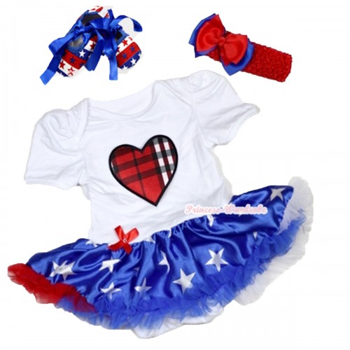 White Baby Bodysuit Jumpsuit Patriotic American Star Pettiskirt With Red Black Checked Heart Print With Red Headband Red Royal Blue Ribbon Bow With Royal Blue Ribbon Red White Blue Striped Stars Shoes JS3354