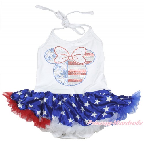 4th July White Baby Halter Jumpsuit Patriotic American Star Pettiskirt With Sparkle Crystal Bling Rhinestone 4th July Minnie Print JS3359